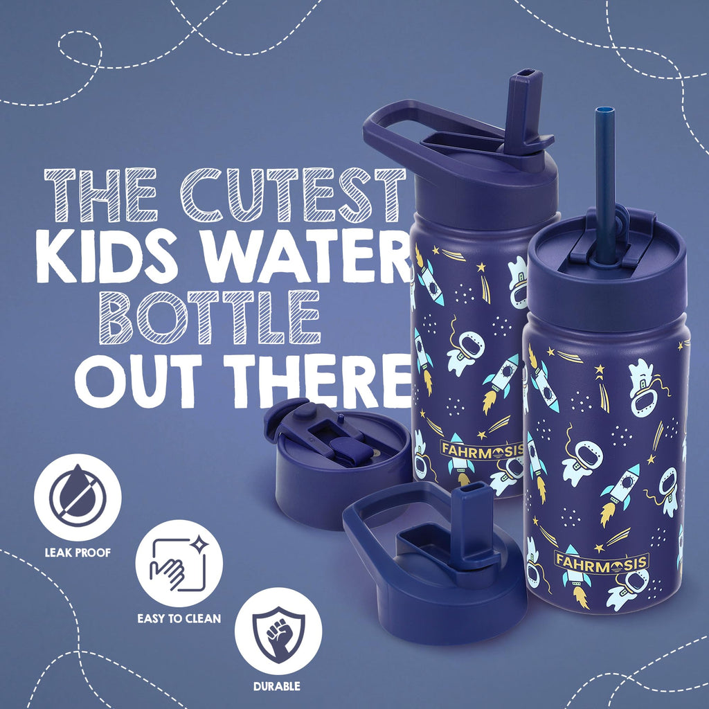 FAHRMOSIS 14 OZ Kids Water Bottle with Straw & 2 Lids (Flip & Spout) Leak Proof Metal Insulated Stainless Steel Reusable Tumbler for School & Sports Water Bottle - Purple (Halloween)