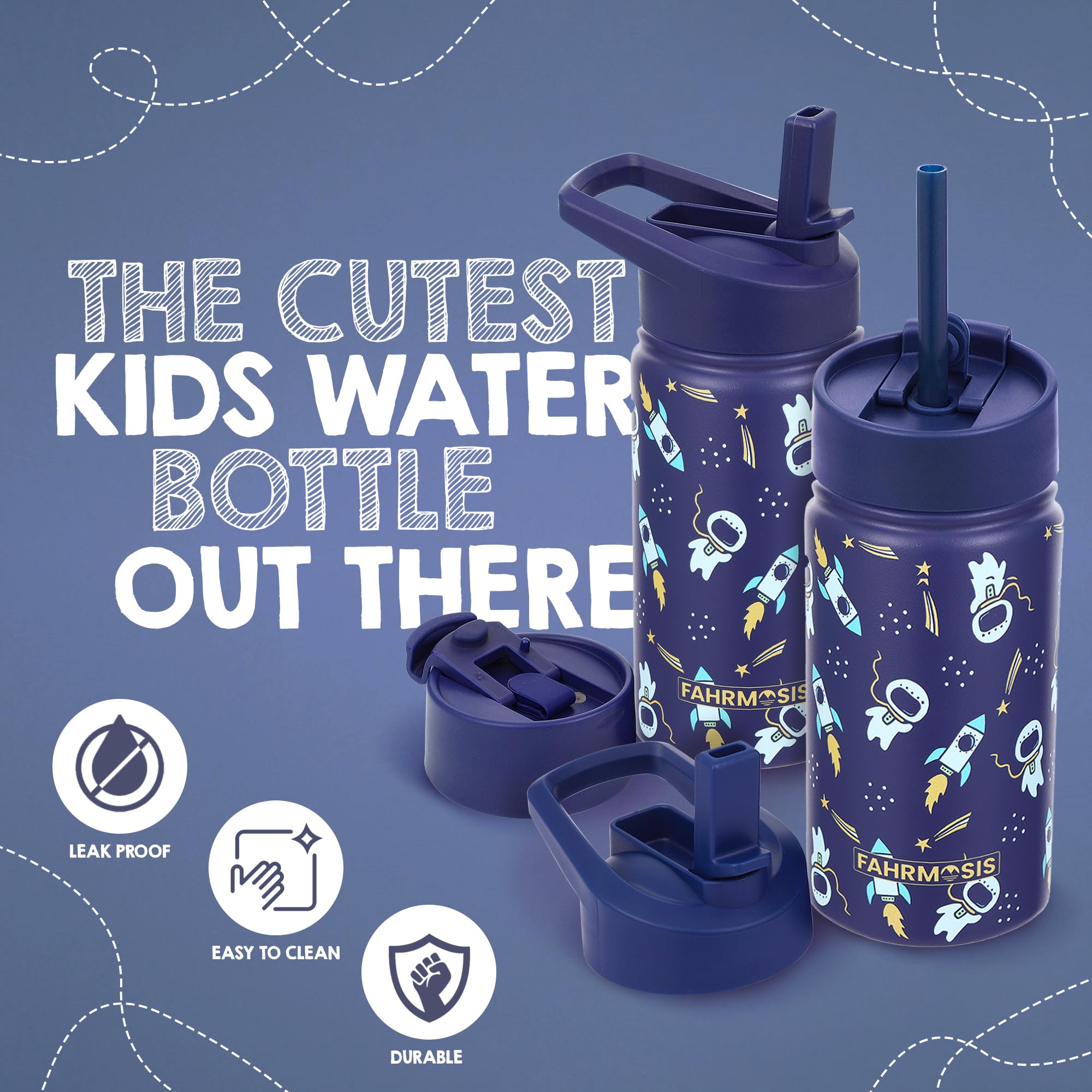 FAHRMOSIS 14 OZ Kids Water Bottle with Straw & 2 Lids (Flip & Spout) Leak Proof Metal Insulated Stainless Steel Reusable Tumbler for School & Sports Water Bottle - Purple (Halloween)