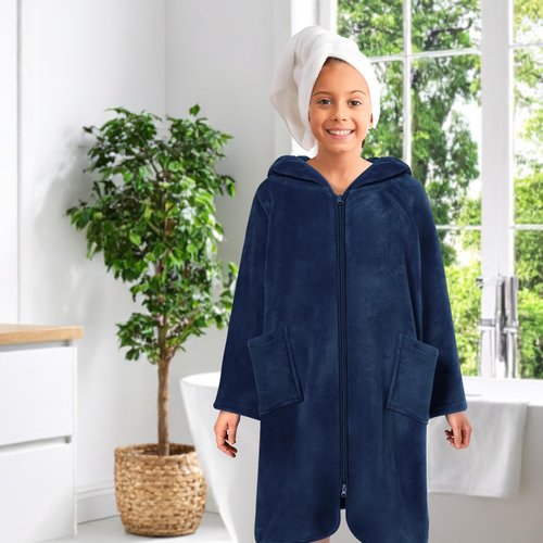 SUN CUBE Hooded Towel Robe for Kids, Zip Up Swim Parka Beach Cover Up for Girls, Surf Poncho for Boys Warm Changing Bath Towel for Pool with Zipper Hood 7-10, Navy Blue