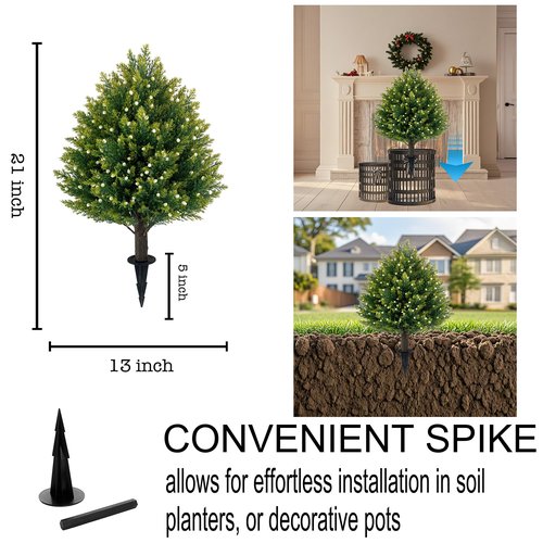 21'' Artificial White Berries Topiary Ball Trees with Ground Spike, UV Resistant Fake Plant Brush, 2 Pack Artificial Cedar Shrubs for Outdoor Indoor Front Porch Garden