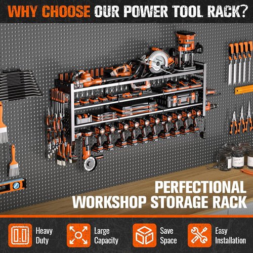 Heavy Duty Tool Organizer by 49.8" W - 14 Cordless Drill Holders | 4-Layer Garage Storage Rack, Black