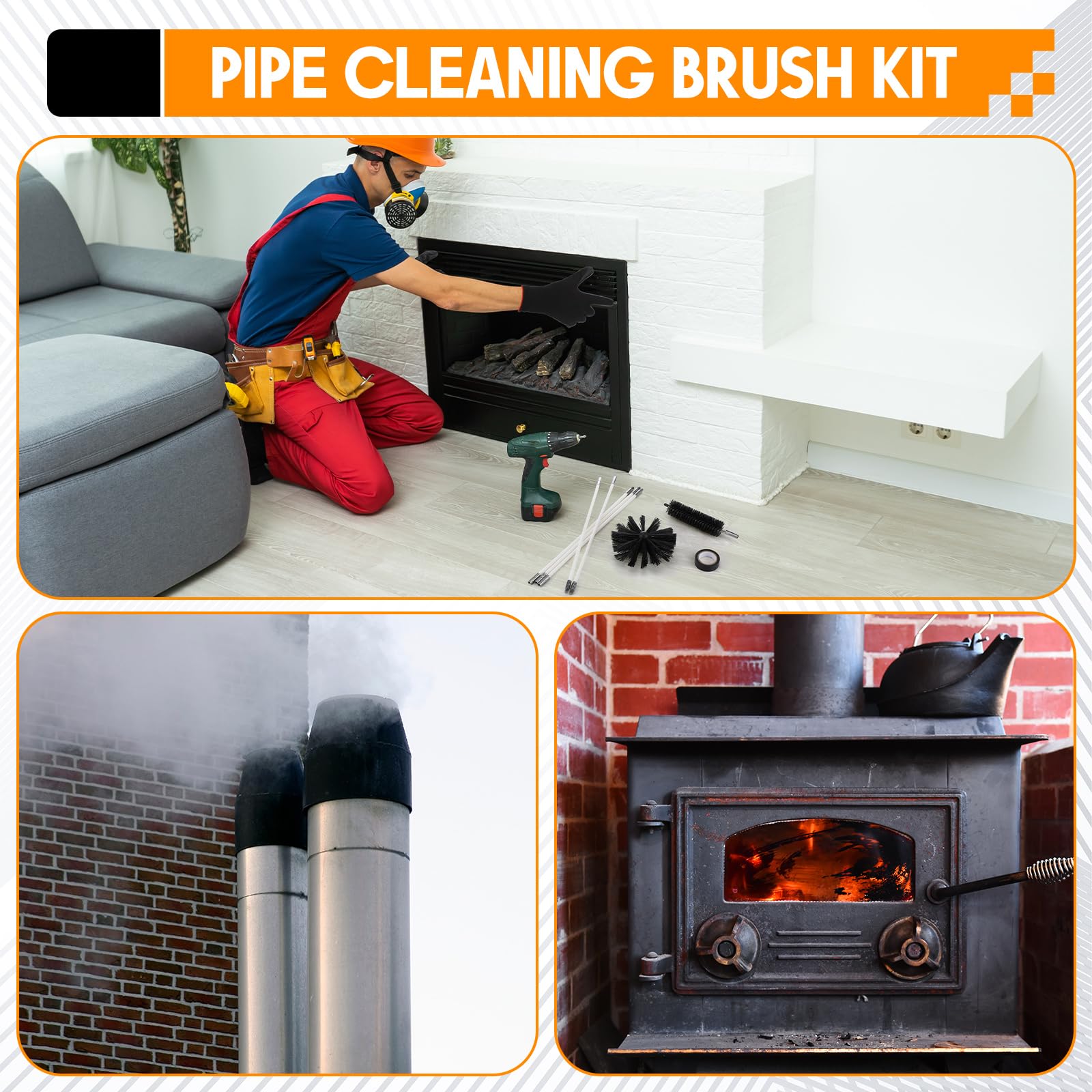 Teecyhooo 30 Feet Chimney Sweep Kit, Dryer Vent Cleaning Brush Kit, 2 Pcs 6 Inch Brush Head Chimney Sweep Tools with Flexible Nylon Rod and Glove for Flue Fireplace Sewage Pipe Hood