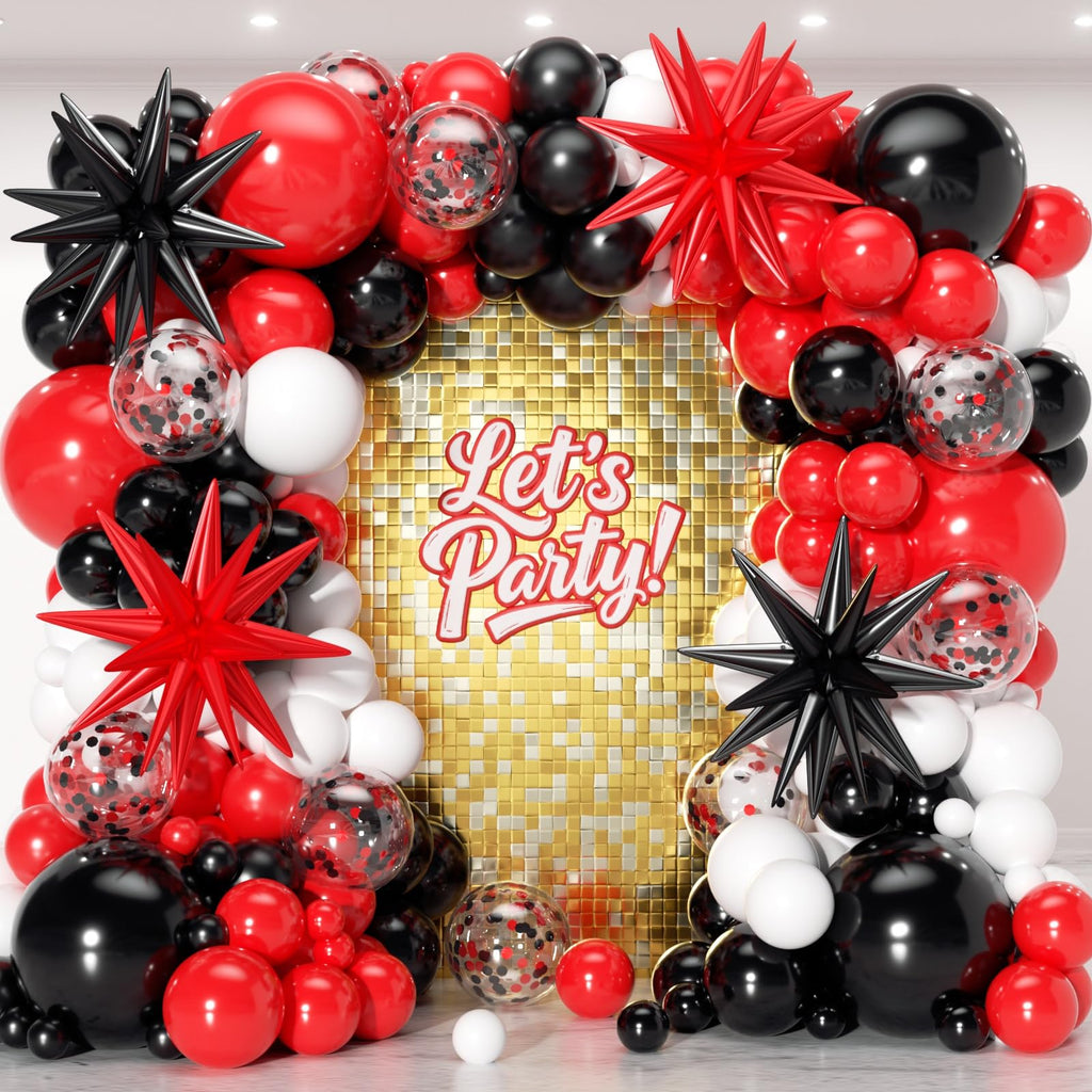 PTGOLUO Red and Black Balloon Arch Garland Kit 153pcs with Star, 22 18 12 10 5in Different Size Red and Black White Latex Balloons for Birthday Graduation Racing Car Poker Card Party Decoration