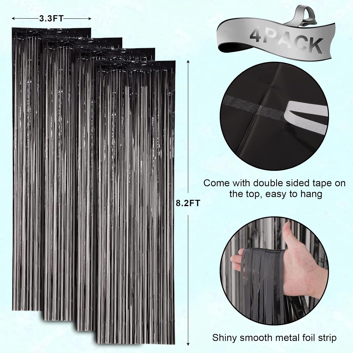Voircoloria Black Foil Fringe Backdrop Curtains - 4 Pack Tinsel Streamers for Parties & Events