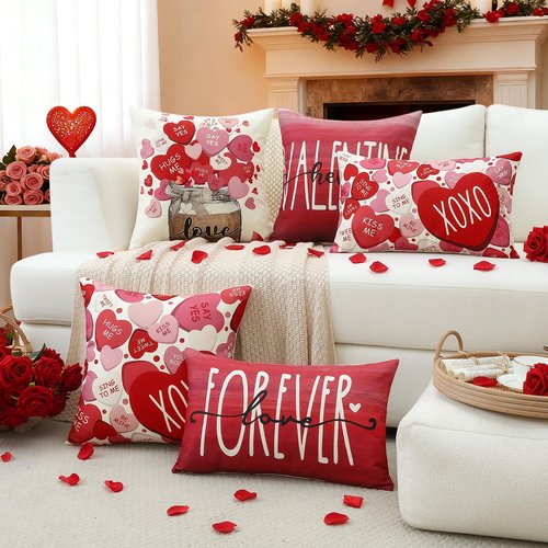 Artscope Valentine's Day Love Forever Throw Pillow Covers 18x18 Inch Set of 4, Valentine Wedding Red Pink Love Heart Decoration Pillow Cases for Home Sofa Couch