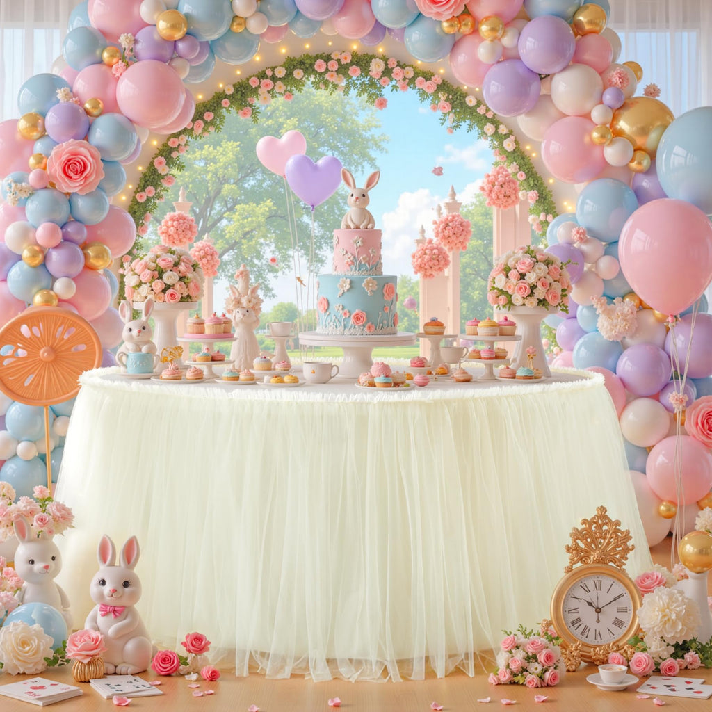 PARTISKY 21FT Length Champagne Tulle Table Skirt for Rectangle Tables 2-Layer Ruffle Tulle Tutu Cloth Desk Table Skirt for Baby Shower Girl Birthday Party Wedding Cake Dessert Decorations