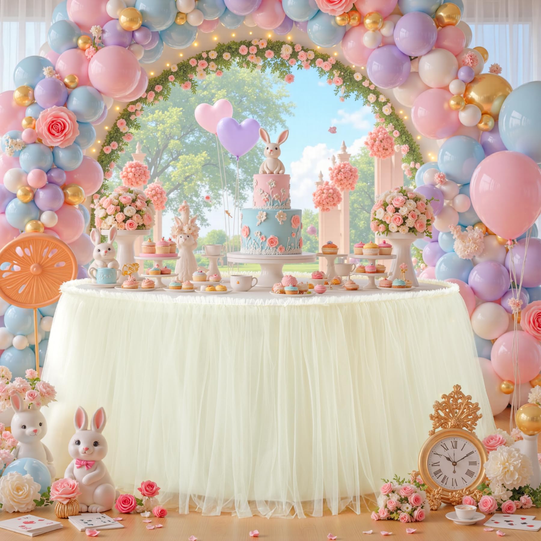 PARTISKY 21FT Length Champagne Tulle Table Skirt for Rectangle Tables 2-Layer Ruffle Tulle Tutu Cloth Desk Table Skirt for Baby Shower Girl Birthday Party Wedding Cake Dessert Decorations
