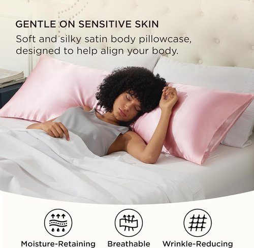 Bedsure Body Pillow Cover - 20x54 Inches Pink Satin Pillowcase for Hair & Skin Care | Cooling & Silky Design