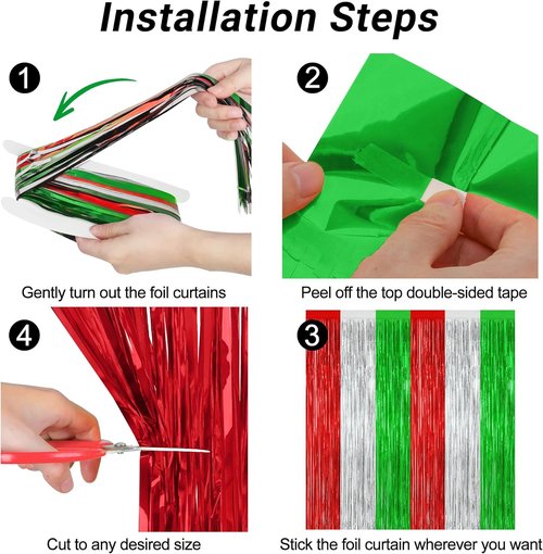 2 Pack Metallic Christmas Backdrop | Red, Silver & Green Streamer Curtains - 3.28 FT x 7.05 FT
