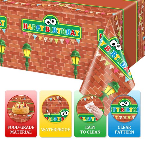 Tewess 3 Pieces Red Brick Wall Street Disposable Tablecloths Cartoon Street Happy Birthday Waterproof 54x108IN Table Covers for Kids Boys Birthday Party Decorations