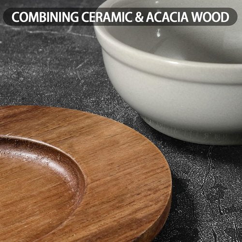 Artena 12 oz Ceramic Chip and Dip Serving Set - Acacia Tray & 5-inch Grey Bowls for Appetizers