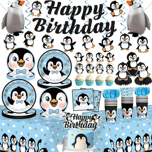 Xynic 179pcs Penguin Birthday Decorations Tableware Complete Party Set, Penguin Party Decorations Serves 25 Guests, includes Penguin-Theme Paper Banner Cake Topper Balloons Plates Napkins Cups, etc