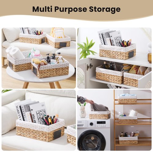 rectangular hyacinth wicker baskets with liners for storage, kitchen, laundry 12x9x5 iNCHES (Natural, 12x9x5 Inches)