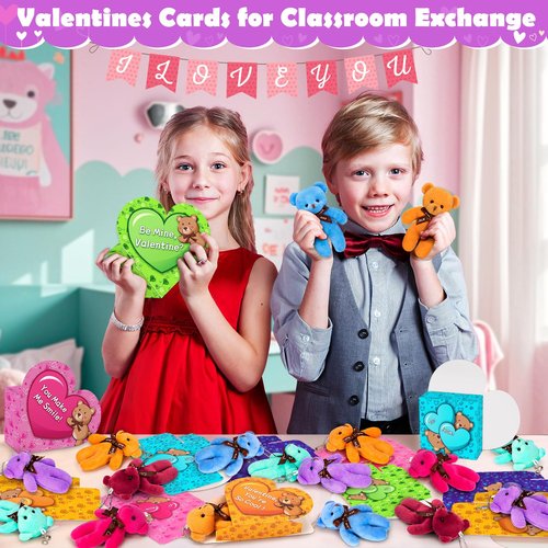 polokping Valentines Day Cards for Kids School, 24 Pack Cute Stuffed Bear Valentine Day Gifts for Boys Girls, Plush Bear Toys for Valentine's Gifts Classroom Exchange Prize, Valentine's Party Favors