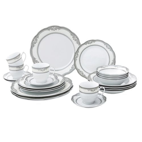 Lorren Home Trends Victoria-24 24 Piece Victoria Design Porcelain Wavy Edge Dinnerware Set, White