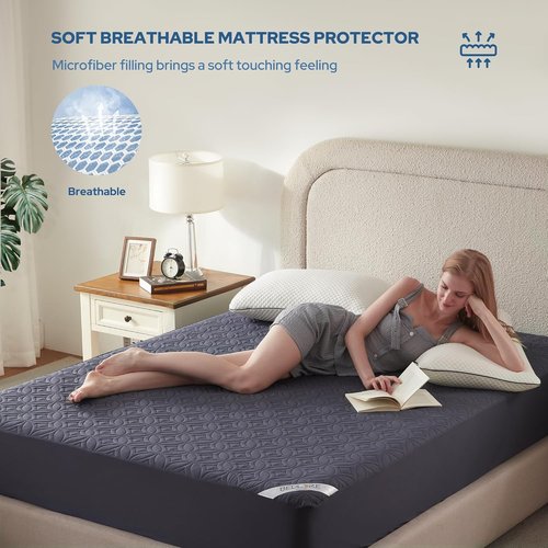 BEDLORE Waterproof Mattress Protector - Twin Size, Soft & Breathable Cover for Deep Pocket Beds (Navy Blue)