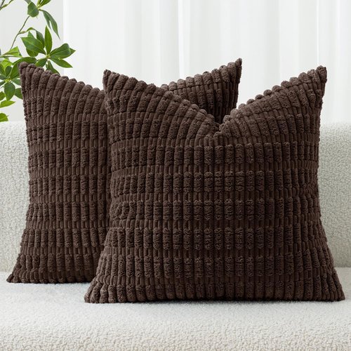 MIULEE Corduroy Throw Pillow Covers - Soft Boho Striped Design | 18x18 Inch Dark Brown for Modern Home Decor
