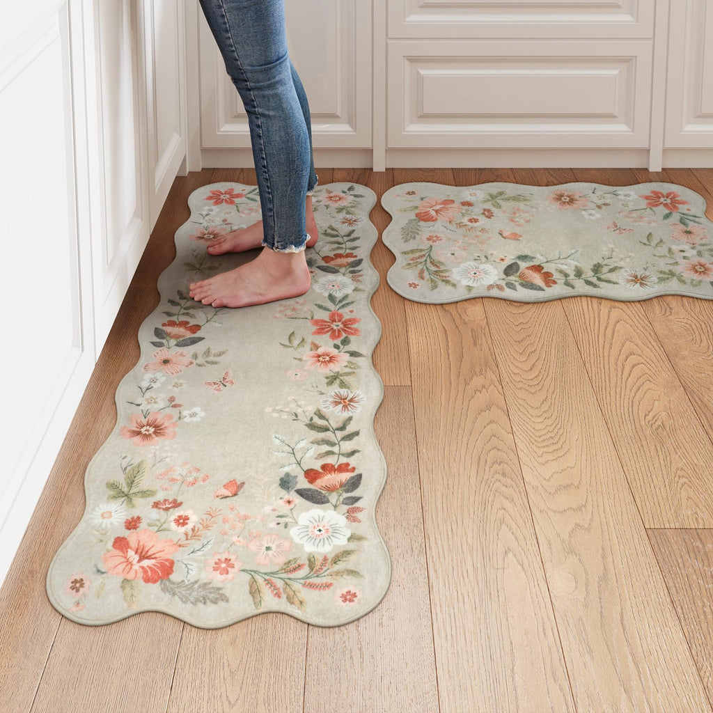 LEEVAN Washable Kitchen Rugs Sets of 2,Non Slip Soft Modern Floral Rugs for Kitchen Floor, Boho Tan Indoor Kitchen Rug for Laundry,Bathroom,Office(20''x31''+20''x47'')