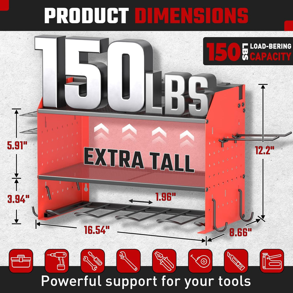 ZESEN Power Tool Organizer - Heavy Duty 3-Layer Wall Mount Shelf with Charging Station & Hooks | Red