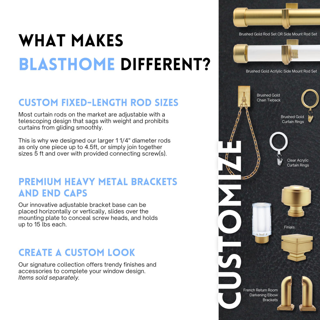 BlastHome® Non-Adjustable Luxury Curtain Rods for Windows, 1 ¼” Rod Set, 3 1/2 foot Fixed Length, Brushed Gold