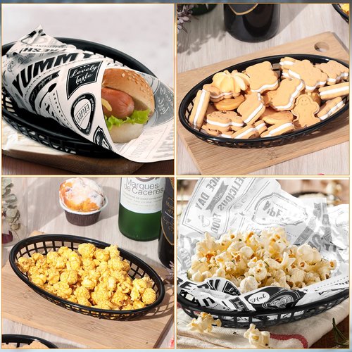 Potchen 100 Pcs Fast Food Baskets 8.9 x 5.5 Inch Plastic Baskets for Food Black Chip Tray Reusable Bread Fry Oval Serving Tray for Restaurant Supplies Hot Dog Deli Serving Chicken
