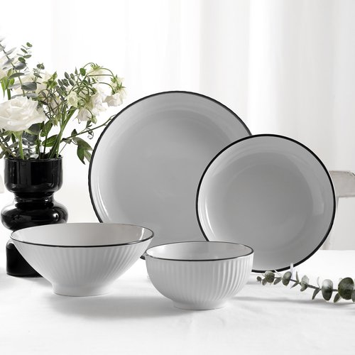 Christian Siriano Lustra Modern 16-Piece Stoneware Dinnerware Set, Plates and Bowls Set, Dinner and Salad Plates, Ramen Bowls, Dishes for 4, White