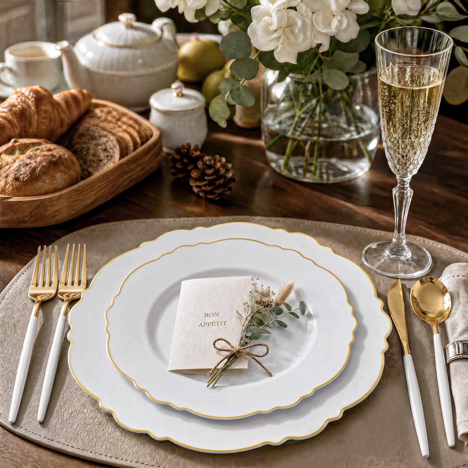 WDF 30Guest Gold Plastic Plates - High-end Baroque Design - 10.25&7.5in Wedding White and Gold Plates Disposable for Birthday/Baby Shower/Wedding/Party