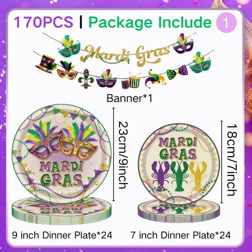 170 PCS Mardi Gras Plates and Napkins Purple and Gold Party Supplies Set Disposable Dinnerware Set for 24 Guests Mardi Gras Decorations (B White)