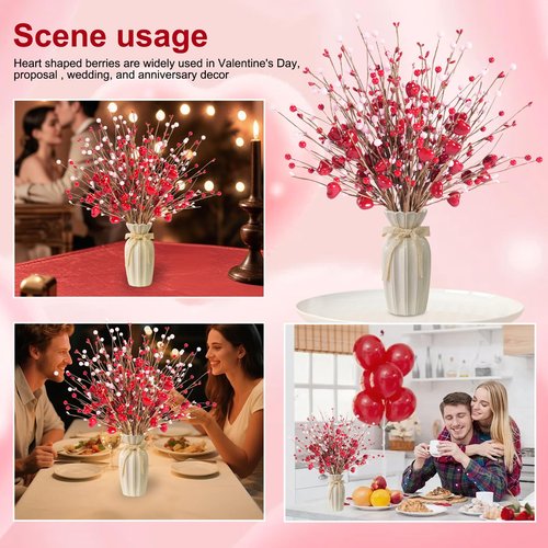 Kanxinr Valentines Day Decorations Valentine's Day Gifts 24 Pack Red Heart Shaped Berry Picks with Pink Berries for Valentine Wedding Candlelight Dinner Anniversary Decorations (Red)