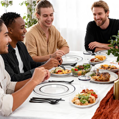 N9R 600PCS Clear and Black Disposable Plates Set, Heavy Duty Plastic Dinnerware Set for 100 Guests Includes 100 Dinner & Dessert Plates, Cups, Spoons, Forks, and Knives, Perfect for Parties, Weddings