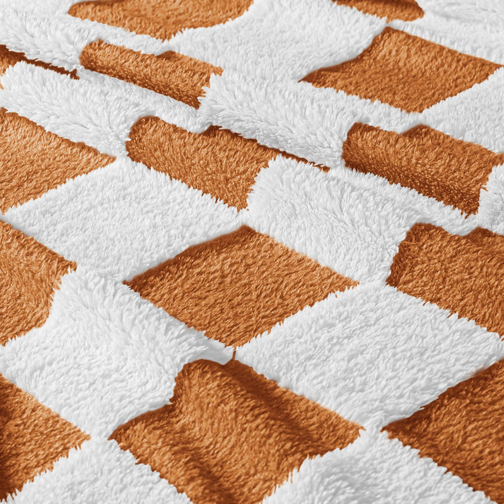 Exclusivo Mezcla Fleece Blanket Queen, Cozy Lightweight Fuzzy Checkered Blanket for Bed, Suitable for All Seasons, Coral Orange, 90" x 90"