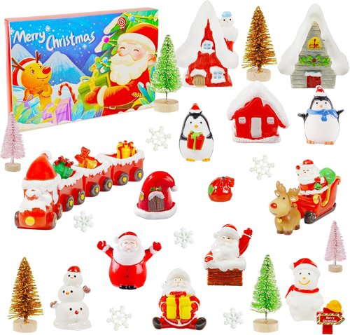 Hiawbon Christmas Mini Santa Figurines - 24-Day Advent Calendar with Tiny Resin Santa, Snowman & Trees for Holiday Decor