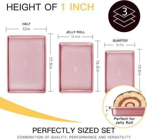 HONGBAKE Baking Sheet Pan Set - Nonstick Cookie Sheets with Diamond Texture | Heavy Duty, Pink