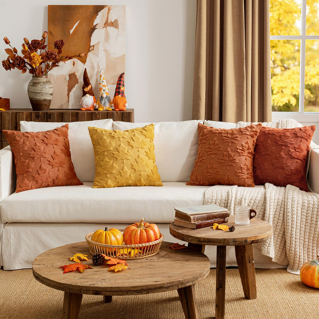 MIULEE Fall Autumn Throw Pillow Covers 18x18 Burnt Orange Set of 2 Thanksgiving Decorative Solid Maple Leaf Accent Pillow Cases Soft Plush Faux Wool for Home Decor Holiday Outdoor Porch Bedroom