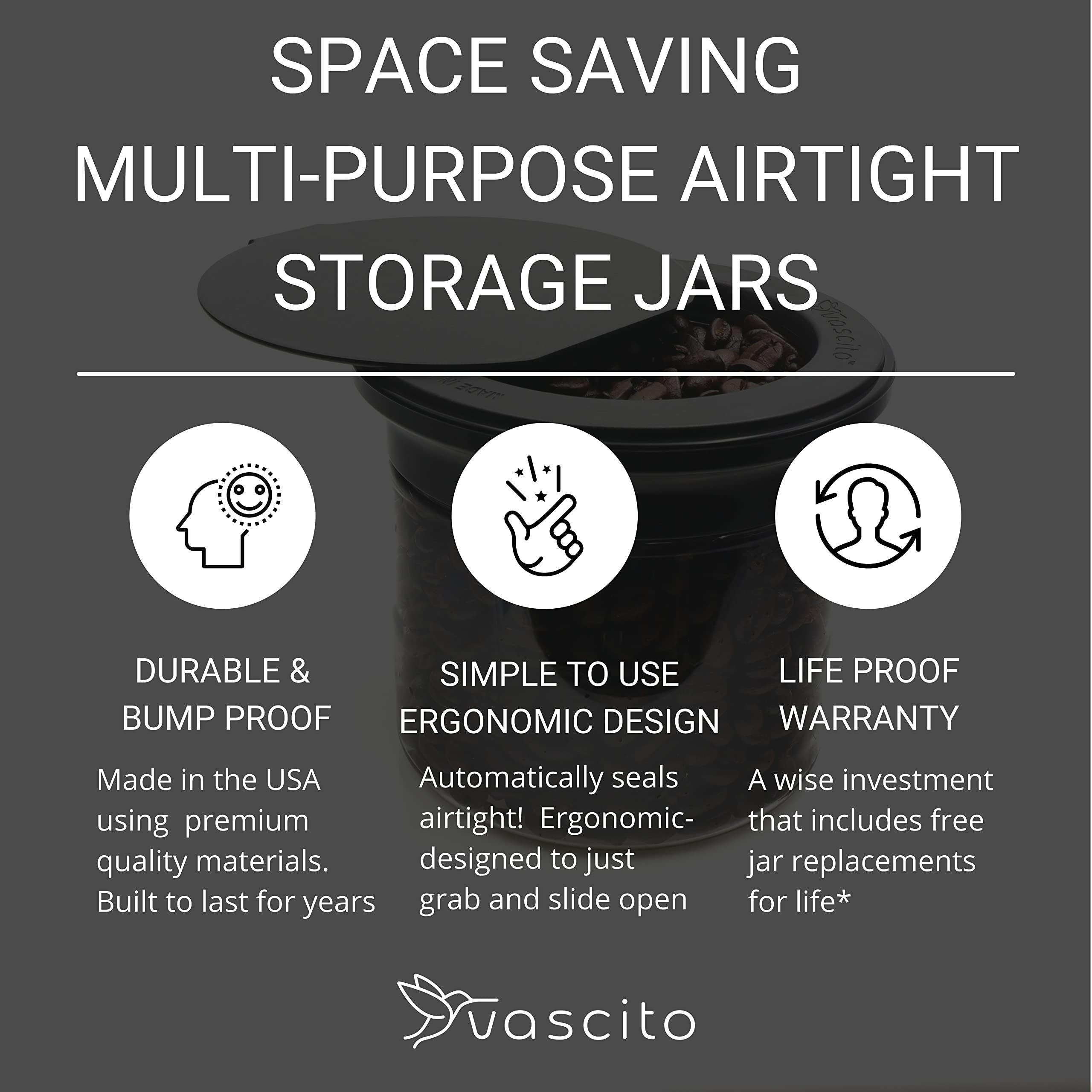 Vascito New Lidless Airtight Magnetic Kitchen Storage Containers, Coffee Bar Accessories, Brown Sugar Keeper, Space Saving Storage, Quick One Handed Access (Modern Black, 3 Pack)
