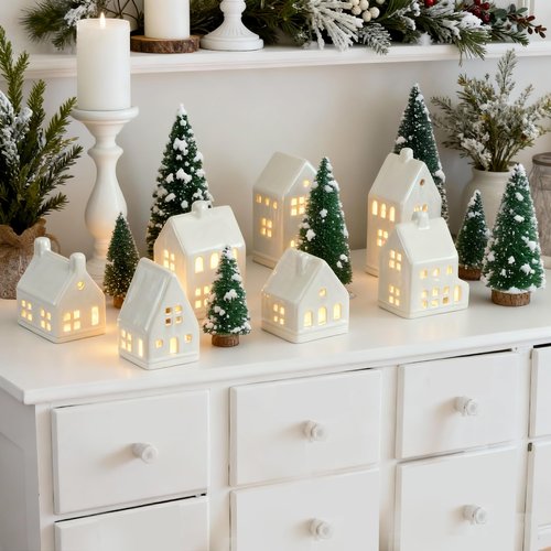 Mokof Christmas Village Set - 7 White Ceramic Houses with Remote LED Tea Lights and 8 Mini Trees, Farmhouse Christmas Decorations Indoor for Fireplace, Mantel, Tabletop, Shelves Winter Holiday Decor