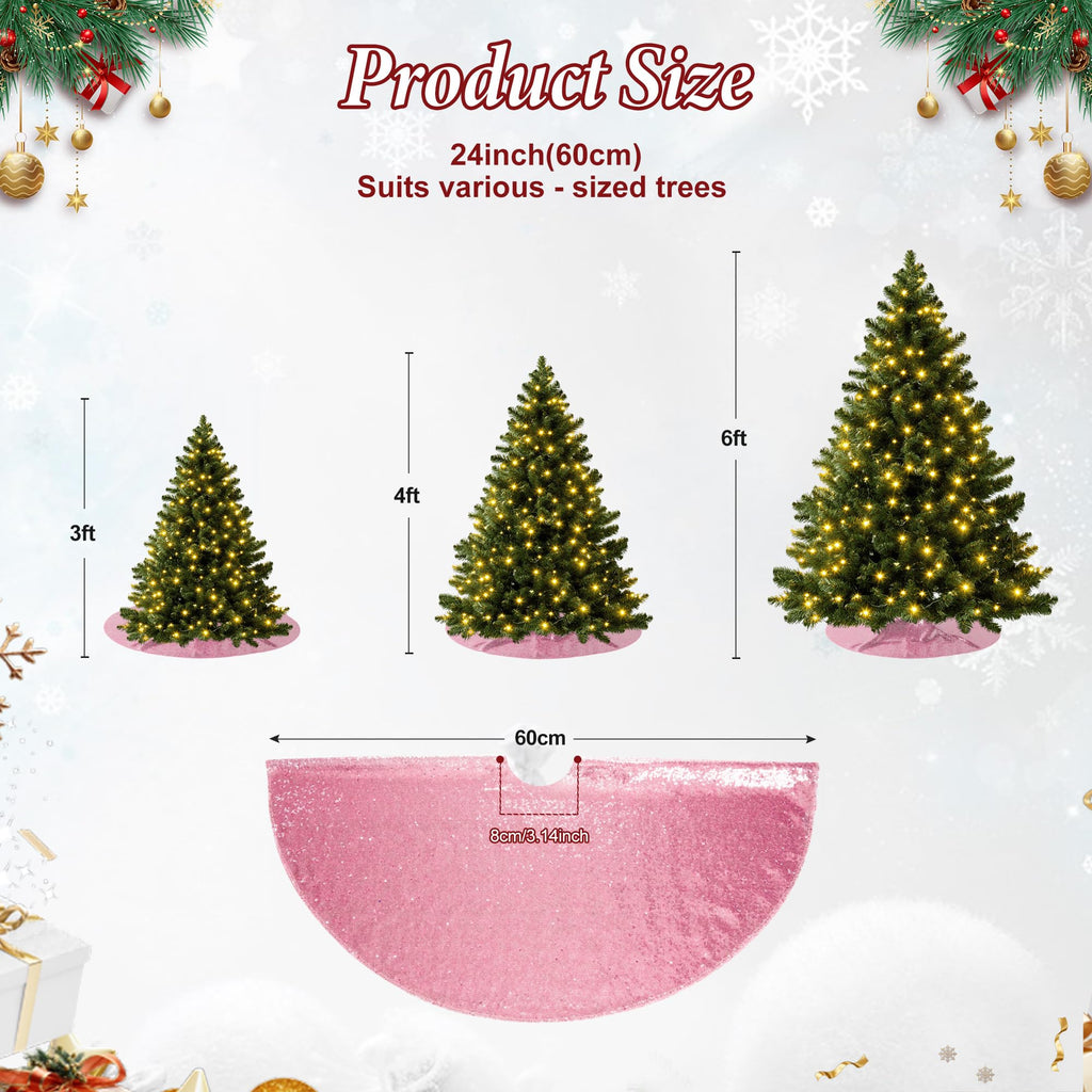 PartyDelight Christmas Tree Skirt Pink 24 inch Round Sparkly Fuchsia Pink Sequin Small Ornaments Xmas New Years Party Decorations