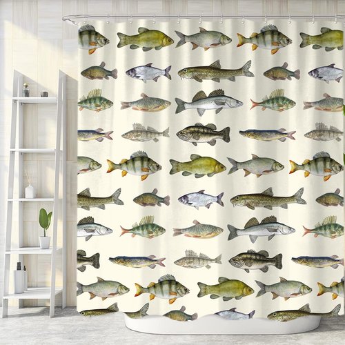 Sanzugh Rustic Cabin Fishing Shower Curtain, Country Lake House River Fish Hunting Fabric Shower Curtains Set for Men Bathroom Decorative with Hooks 72 X 72 Inch Camo Bath Decor