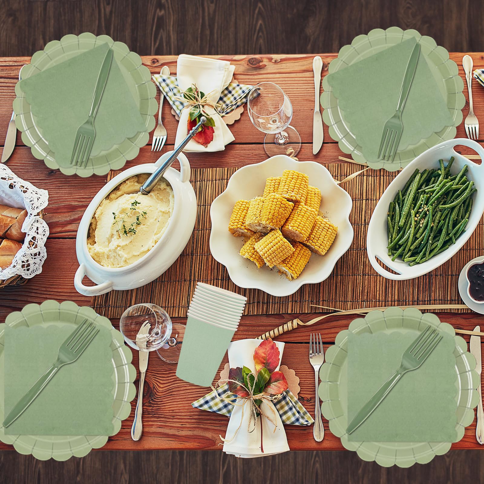 150Pcs Sage Green Paper Plates and Napkins,50 Sage Green Guest Scalloped Paper Tableware Forks Disposable Dinnerwaret Kit for Baby Shower Bridal Wedding Birthday Party New Year Decorations (7inch)