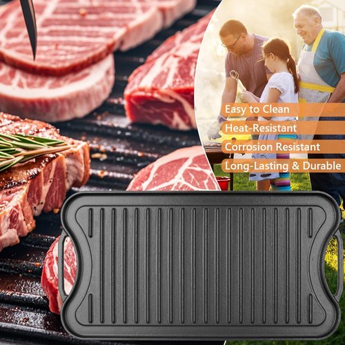 PETKAO Reversible Cast Iron Griddle Plate for Gas Grill, Stovetop Grill Pan for Electric Stove, Pre-Seasoned Grill Griddle Pan for Gas Stove Top 2 Burner, Extra Large Stove Top Grill Plate 20" x 10.5"