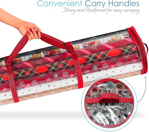 Hearth & Harbor Wrapping Paper Storage Container - Tear-Proof Organizer for 14 Rolls - Clear & Red