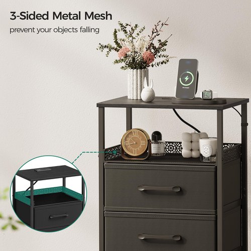 JARHETUN Night Stand Set 2 with Charging Station, 3 Drawer Nightstands with LED Lights, End Table with Outlets and USB Ports, Side Table with Open Shelf, Bedside Tables for Bedroom, Black