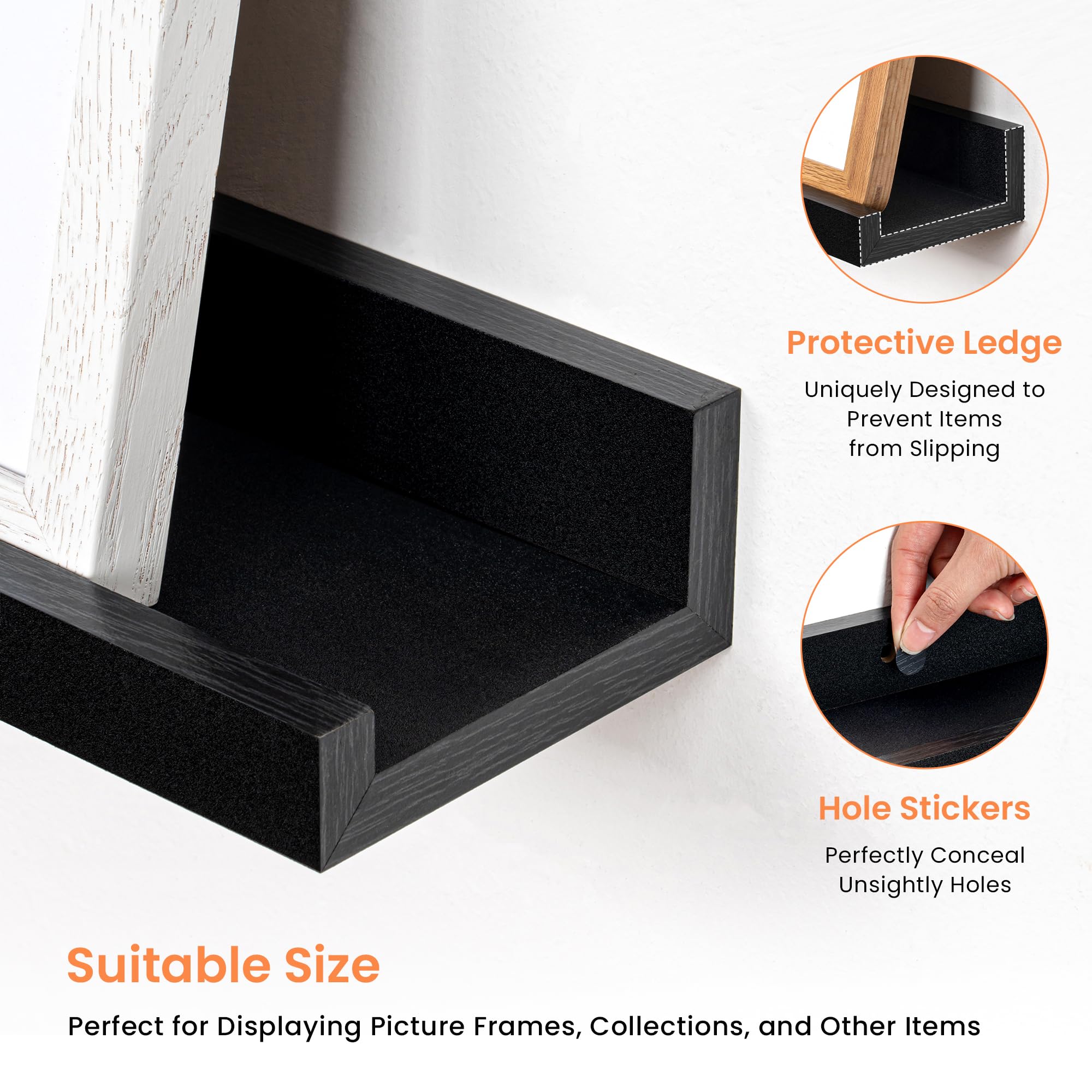 RICHFOCUS Picture Ledge Shelf, 48 inch Floating Shelves Set of 2, Wood Wall Shelves with Lip, Wall Decor Storage for Bedroom Living Room Bathroom Kitchen Nursery Photo Picture, Black