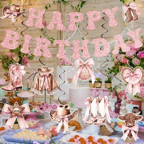 Yunlly Cowgirl Coquette Bow Birthday Party Decorations Western Hanging Swirls Happy Birthday Banner Pink Disco Balloon Rodeo Bachelorette Decor Supplies for Baby Shower Birthady Party Favors