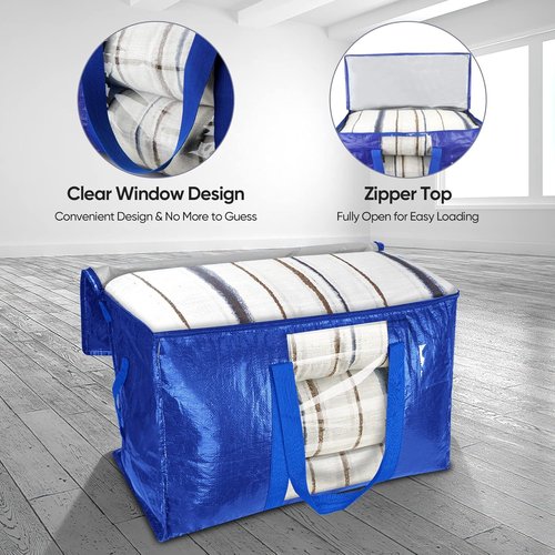 BALEINE Oversized Moving Bags - Heavy-Duty Storage Totes with Reinforced Handles | 2-Pack, Blue w/Window