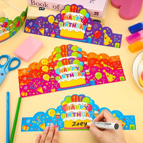 Maniaacer 30 Pcs Birthday Party Crowns for Kids Happy Birthday Hats Colorful Crown Set Paper School Classroom Hats with Elastic Band for Classroom School Kids Teacher Party Supplies
