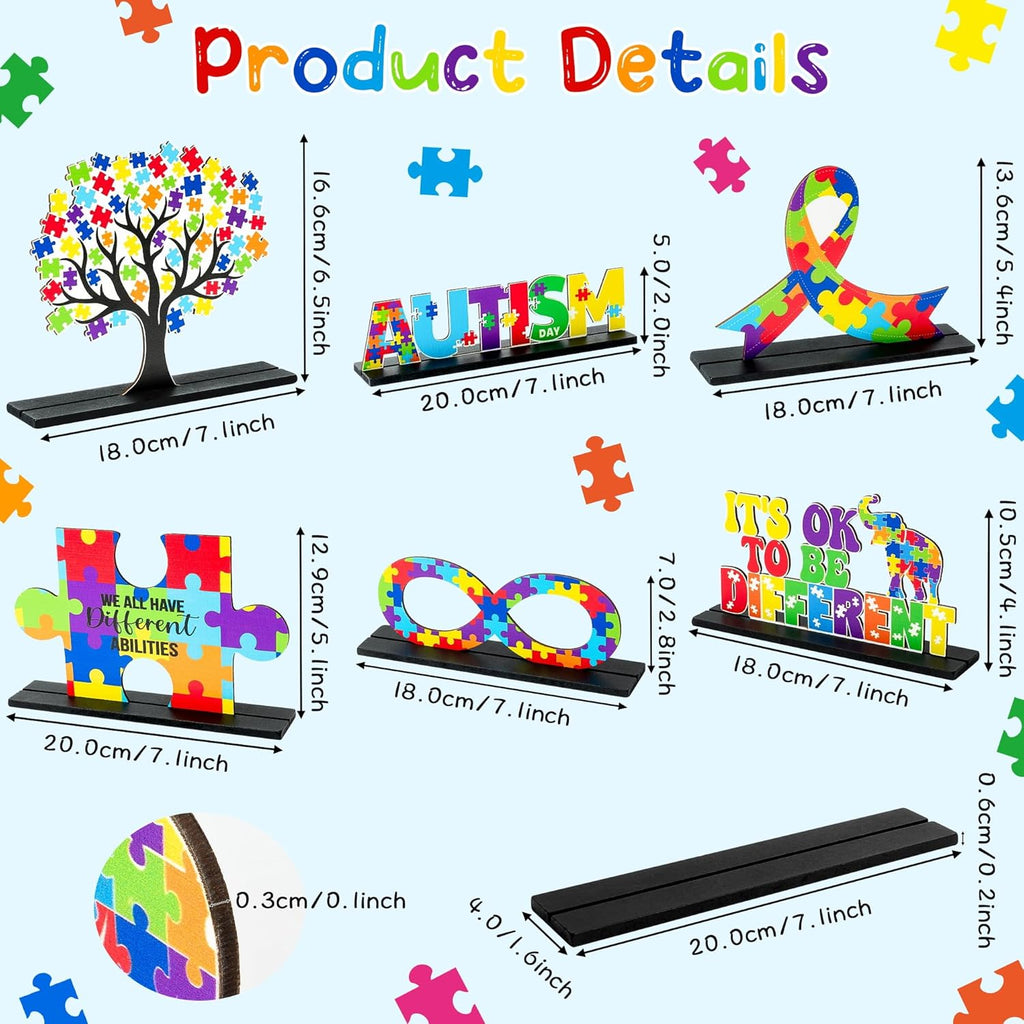 Skiennix Autism Awareness Wood Tiered Tray Centerpieces - 6Pcs Puzzle Pieces Letter Decor for Inspirational Desk & Shelf