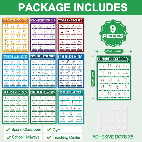 9Pcs Exercise Poster Set - Workout Charts for Dumbbells, Kettlebells, Yoga & More | Home Gym Decor