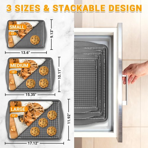 Carbon Steel Baking Pan Set by [Brand Name] - Nonstick Cookie Sheets with Cooling Racks | 13/15/17 Inch, Rust & Warp Resistant