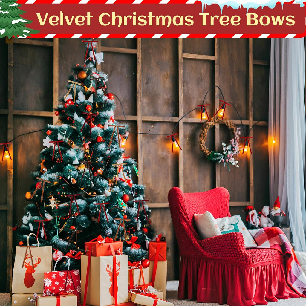 Regine Switzerland Burgundy Velvet Ribbon Bows - 24 PCS Tree Topper Ornaments | 5x7 Inch for Christmas Decor